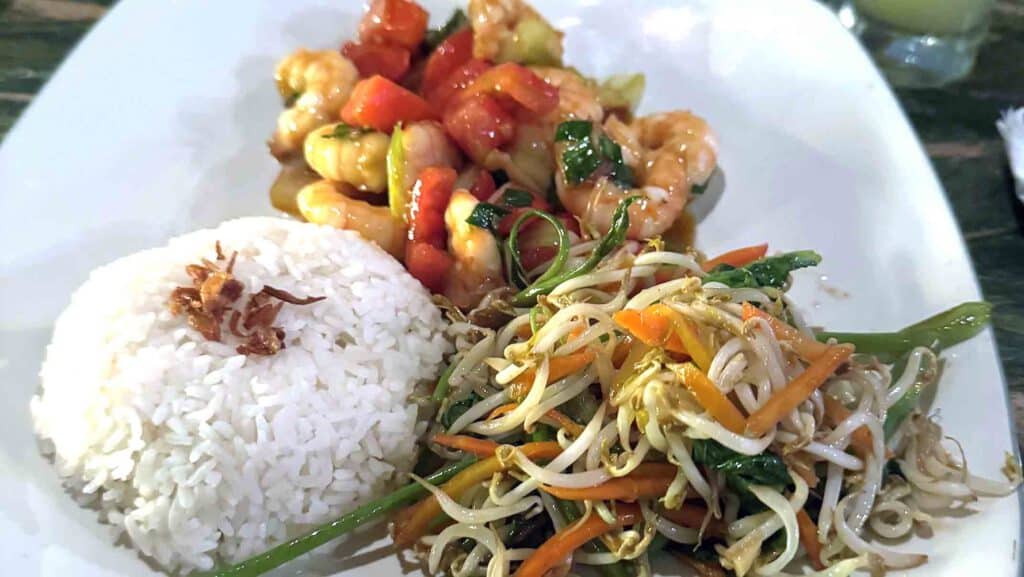 rijst met bijgerechten bij little bird restaurant in sanur