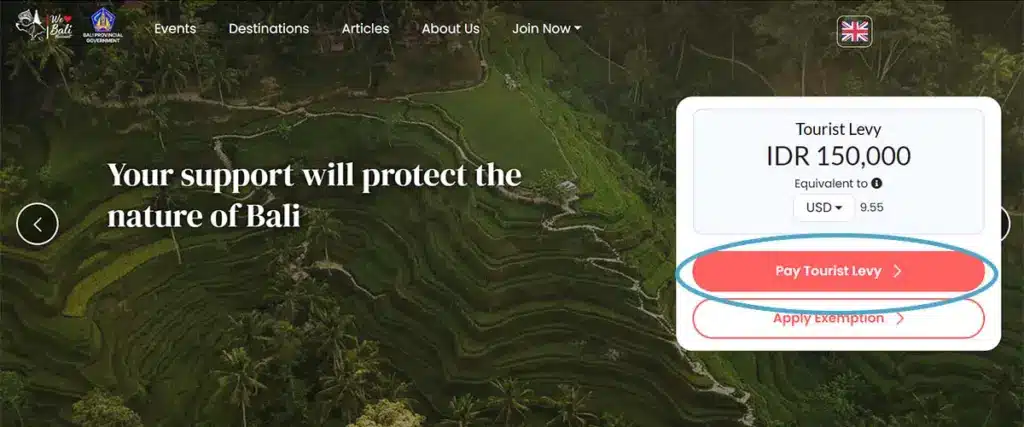 screensshot website balinees overheid voor de toeristenbelasting bali